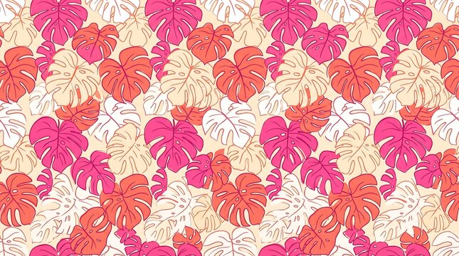 Tropical monstera leaf pattern in shades of pink and orange seamless vector illustration for backgrounds