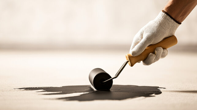 Worker Hand In Glove Using Small Roller To Apply Waterproof Coating
