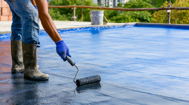 Worker Hand In Glove Using Small Roller To Apply Waterproof Coating
