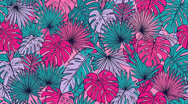 Vibrant tropical monstera leaves seamless pattern in pink and teal colors for modern backgrounds