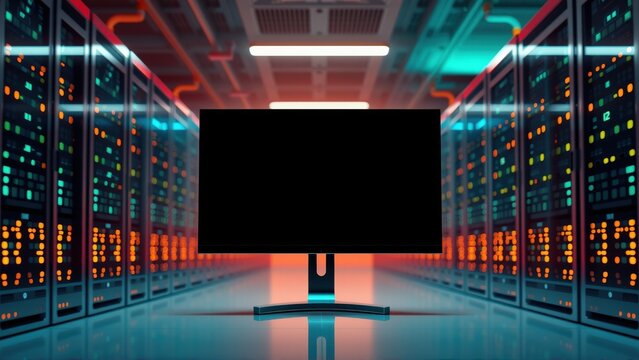 Server room interior. Racks glow with vibrant lights. Central monitor dominates view, reflecting floor. Futuristic data center aesthetic.