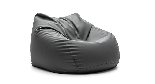 A comfortable grey leather bean bag chair isolated on a clean white studio background with sits isolated plain
