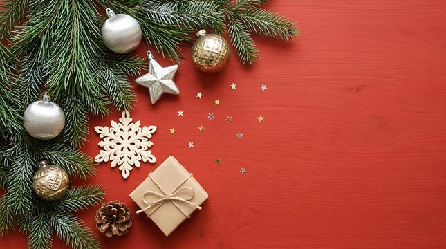 Flat lay composition of christmas decorations with pine branches and gift box on red wooden background
