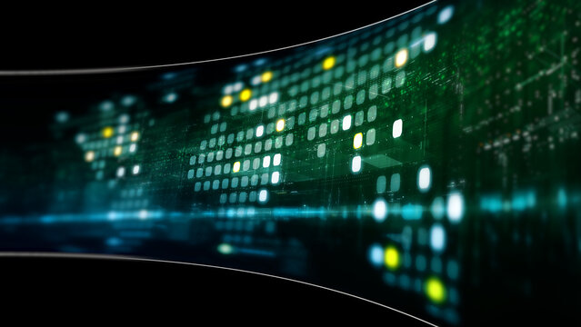 Abstract particle motion with vibrant colors, digital flowing particles, VR, futuristic sci-fi, tech innovation, and immersive cyber space background