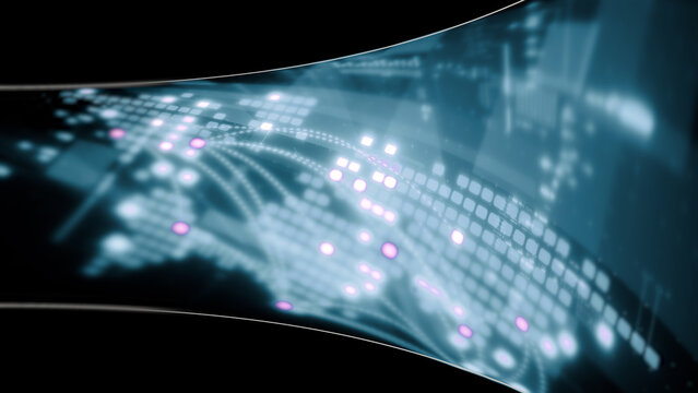 Abstract particle motion with vibrant colors, digital flowing particles, VR, futuristic sci-fi, tech innovation, and immersive cyber space background