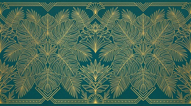 Art deco seamless pattern with tropical leaves and golden lines on a dark teal background