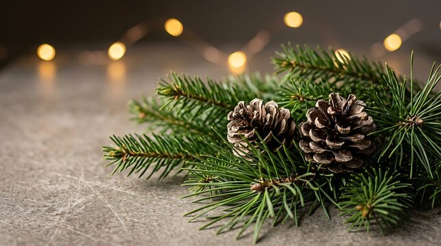 Pine tree branches with pine cones on a stone table with christmas fairy lights in the background