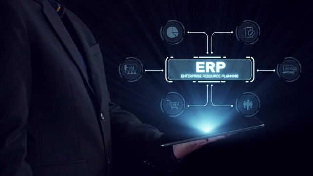 ERP platform visual showing centralized system for enterprise resource planning, improving integration, data flow, business efficiency, finance, inventory, and human resources. Elide
