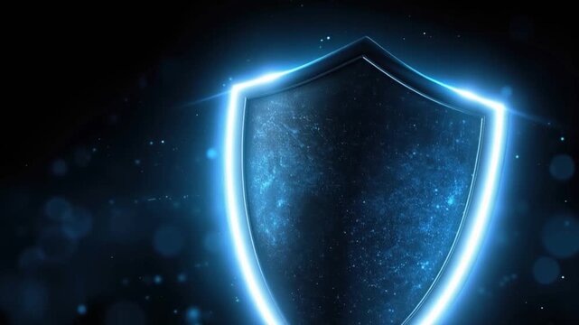 A glowing neon shield emanates a powerful, protective aura against a dark, ethereal background with bokeh lights. ..Created with Generative AI, not depicting real subjects.