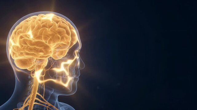 3D medical animation of a human brain and central nervous system highlighted within a translucent profile of a skull on a dark blue background.