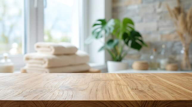 Empty wooden table top in bright bathroom spa background for wellness product display mockup with towels and green plant