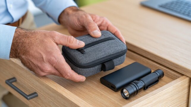 Hands holding a compact emergency supply case with a flashlight and power bank on a wooden desk, laptop visible in the background