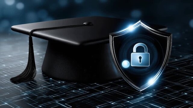 Graduation cap and shield with lock symbolizing education security and digital protection. ..Created with Generative AI, not depicting real subjects.