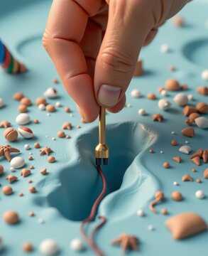Hand inserting cable into crater surrounded by seashells and starfish on blue surface for creative concept