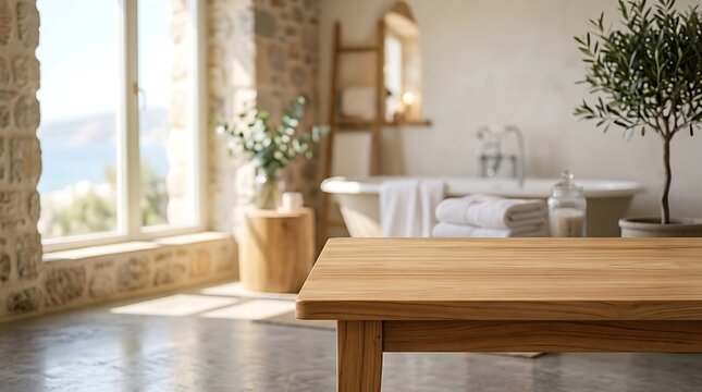 Empty Wooden Table Top Product Display in Luxury Mediterranean Bathroom Interior with Sea View for Cosmetic Presentation