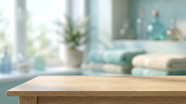 Empty wooden table background in bright spa bathroom with towels and window light for product display mockup layout.