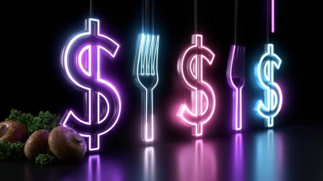 Neon dollar signs and cutlery illuminate the darkness, hinting at the high cost of gourmet dining. ..Created with Generative AI, not depicting real subjects.