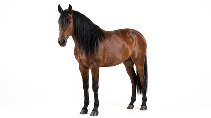 Obraz premium Realistic adult horse standing in a front three-quarter view, showing its long face, expressive eyes, upright ears, muscular chest and flowing mane, isolated on a clean white background.