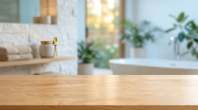 Empty wooden table top on blurred bathroom background for product placement in a modern luxury spa interior scenery.