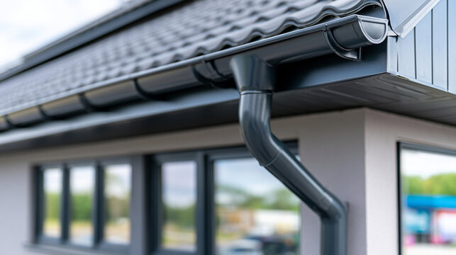 Modern building exterior showing metal rain gutter system and glass window facade   