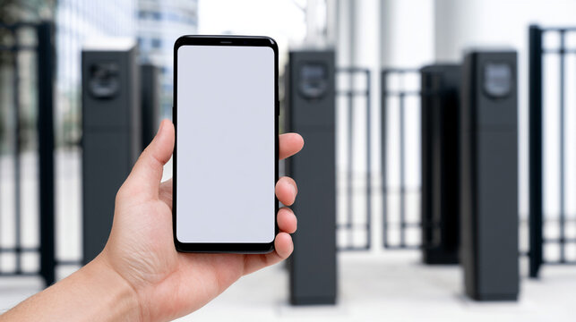 Person holding modern smartphone with blank screen at security gate entrance   