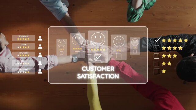 A dynamic scene displaying hands applauding a digital customer satisfaction feedback chart featuring smiley faces and rating stars on a wooden table. Raster