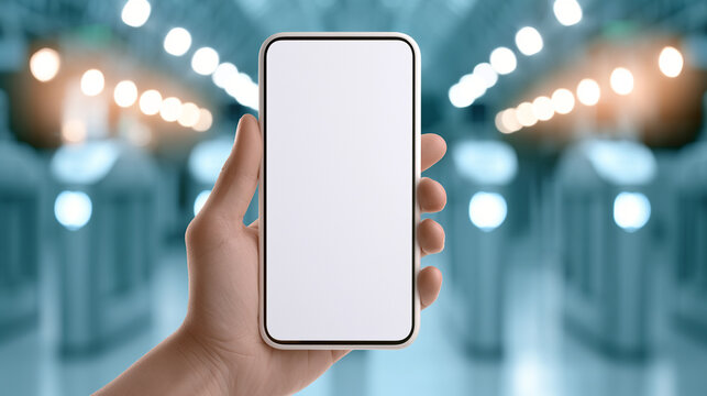 Person holding modern smartphone with blank screen at security gate entrance   