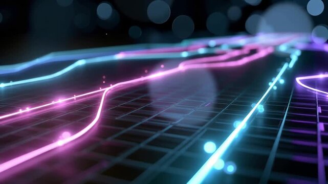 Abstract digital network glowing with neon pink and blue lights on a dark background, representing data flow and connectivity. ..Created with Generative AI, not depicting real subjects.