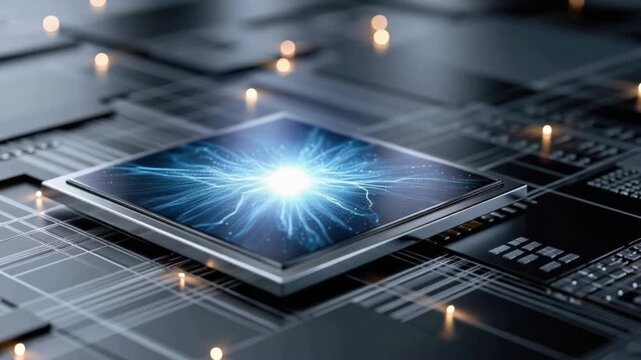 A close-up shot of a high-tech computer processor, glowing with an intense blue light. ..Created with Generative AI, not depicting real subjects.