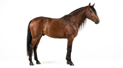 Obraz premium Realistic adult horse standing naturally in full body side profile, showing its muscular body, long legs, flowing mane and tail, with anatomically accurate proportions, isolated on white.