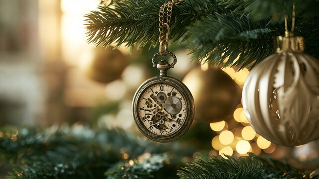 Vintage mechanical pocket watch hanging from a Christmas tree branch, counting down to New Year and holiday season