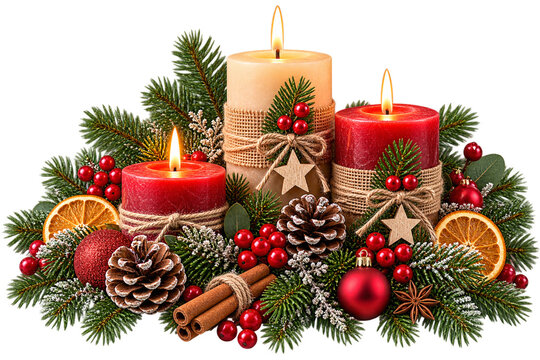 Centro de mesa navide&ntilde;o con velas, pino y decoraci&oacute;n natural
