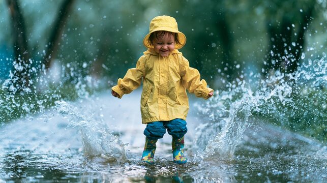 Happy child jumping in puddle, splashing water and laughing, enjoying playful outdoor activity on a rainy day