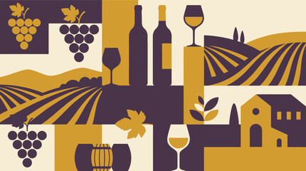 Obraz premium Vineyard and winery vector illustration set featuring wine bottles, glasses, grapes, barrels, and rural landscape in silhouette style