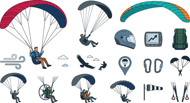 Paragliding and extreme skydiving sport vector element set featuring colorful gliders parachutes flight gear icons and outdoor flying illustrations.