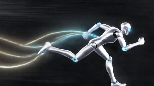 Robot science friction 3D digital illustration of a metallic silver humanoid robot sprinting at high speed with glowing light trail