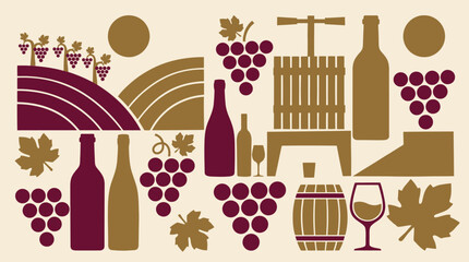 Obraz premium Wineyard and winery vector illustration set featuring wine bottles, glasses, grapes, barrels, and vineyard landscape in silhouette style