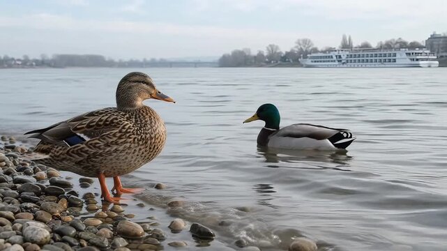 Mallard ducks on river bank with cruise ship in background, wild female duck standing on pebble shore near male mallard swimming in water, peaceful river landscape with waterfowl birds