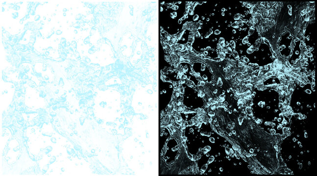 Dynamic water splash texture with alpha channel, crystal clear liquid droplets on black background, refreshing aqua spray for compositing