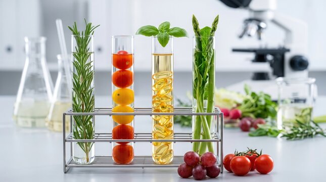 Laboratory Test Tubes Displaying Fresh Herbs and Vegetables