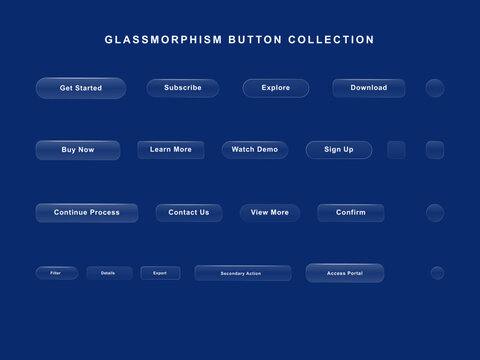 Glassmorphism UI button elements collection with various text labels on a blue background for web and app design