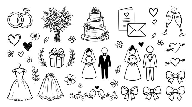 Hand Drawn Grey Wedding Doodle Elements Vector Illustration Set