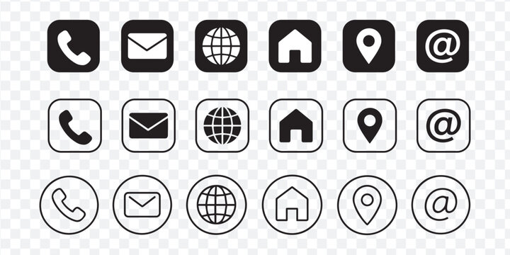 Contact icons vector set with phone, email, globe, home, location, and at symbols in black and white styles