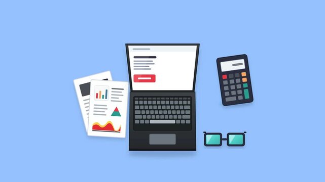 Flat vector illustration of a workspace with a laptop, financial reports, calculator, and.