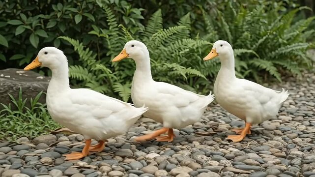 White ducks walking in a row on a pebble path, three domestic farm birds following each other in a garden, group of white pekin ducks outdoors with green ferns and plants in the background