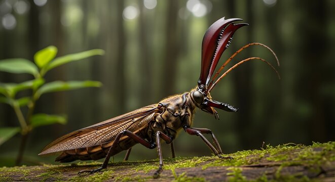 Unusual dobsonfly insect with large mandibles resting on mossy log in a lush forest during daylight
