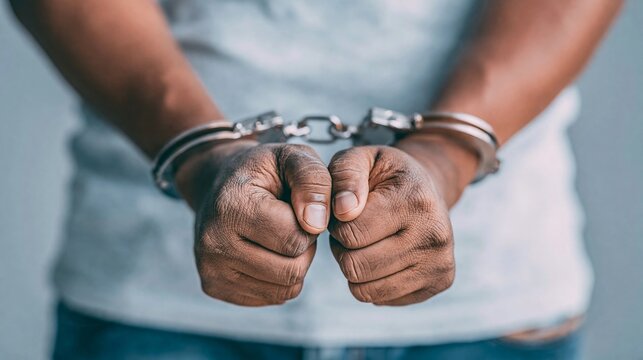 Hands of a person arrested, secured in metal handcuffs symbolizing crime, justice, and detention
