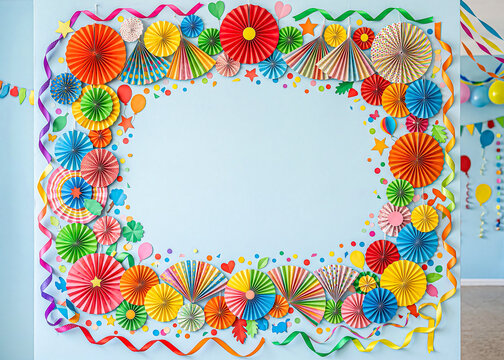 Vibrant Paper Fan Rosettes Frame Backdrop on Soft Blue Wall