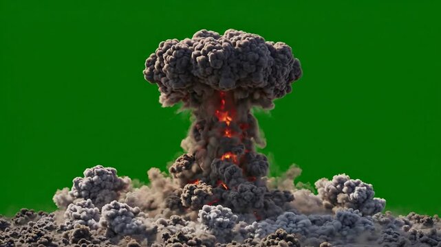 Massive nuclear explosion mushroom cloud isolated on green screen for vfx compositing bomb blast
