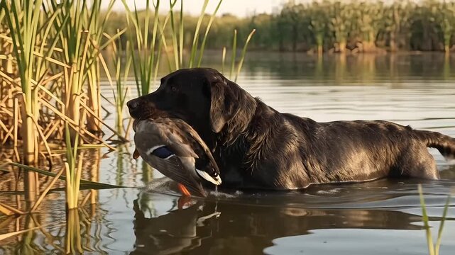 Black Labrador hunting dog retrieving a mallard duck in a marsh at sunset, professional gun dog swimming in lake water with waterfowl prey, outdoor hunting scene during golden hour light
